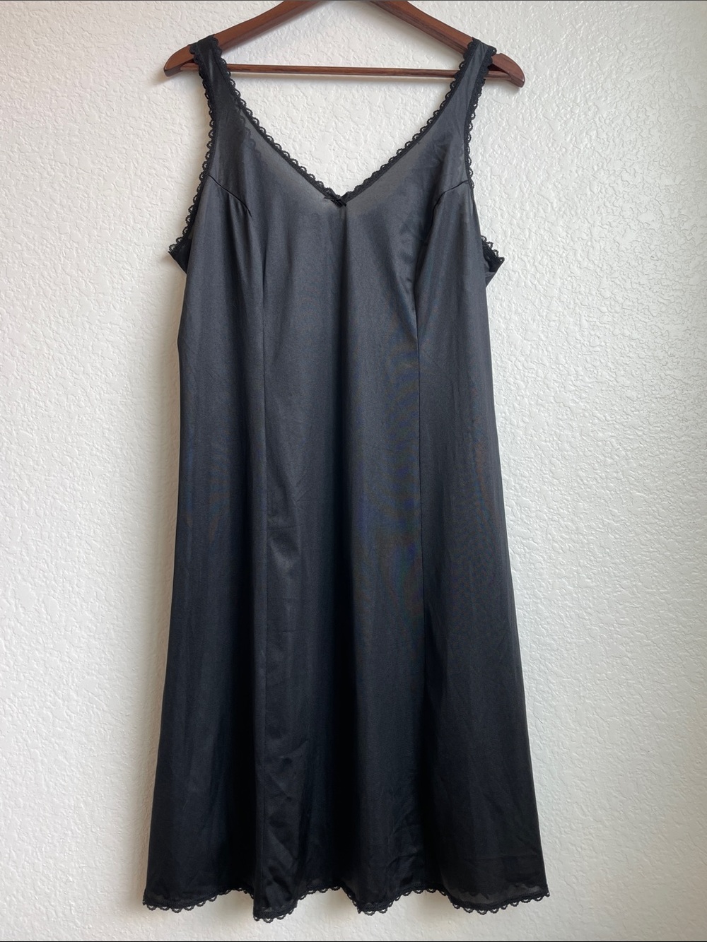 Sears Black Satin Slip Dress with Lace Trim Size M/L